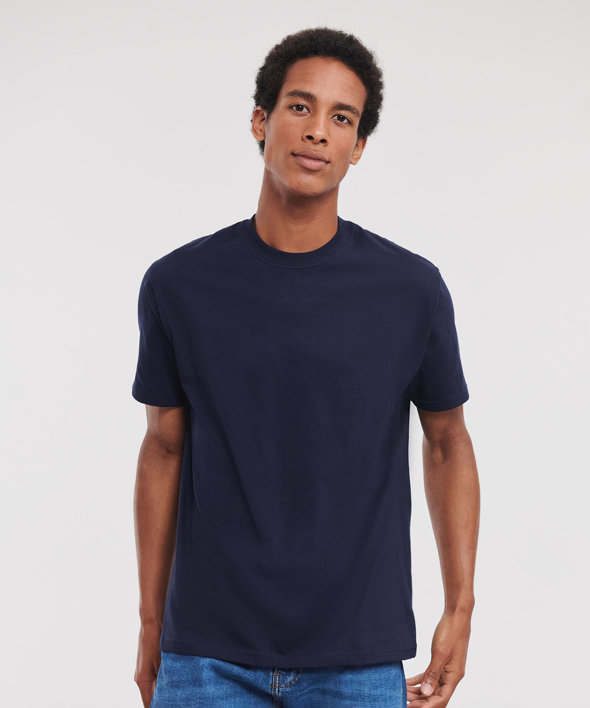 Front facing image of model wearing Russell Super Ringspun Classic T Shirt Navy