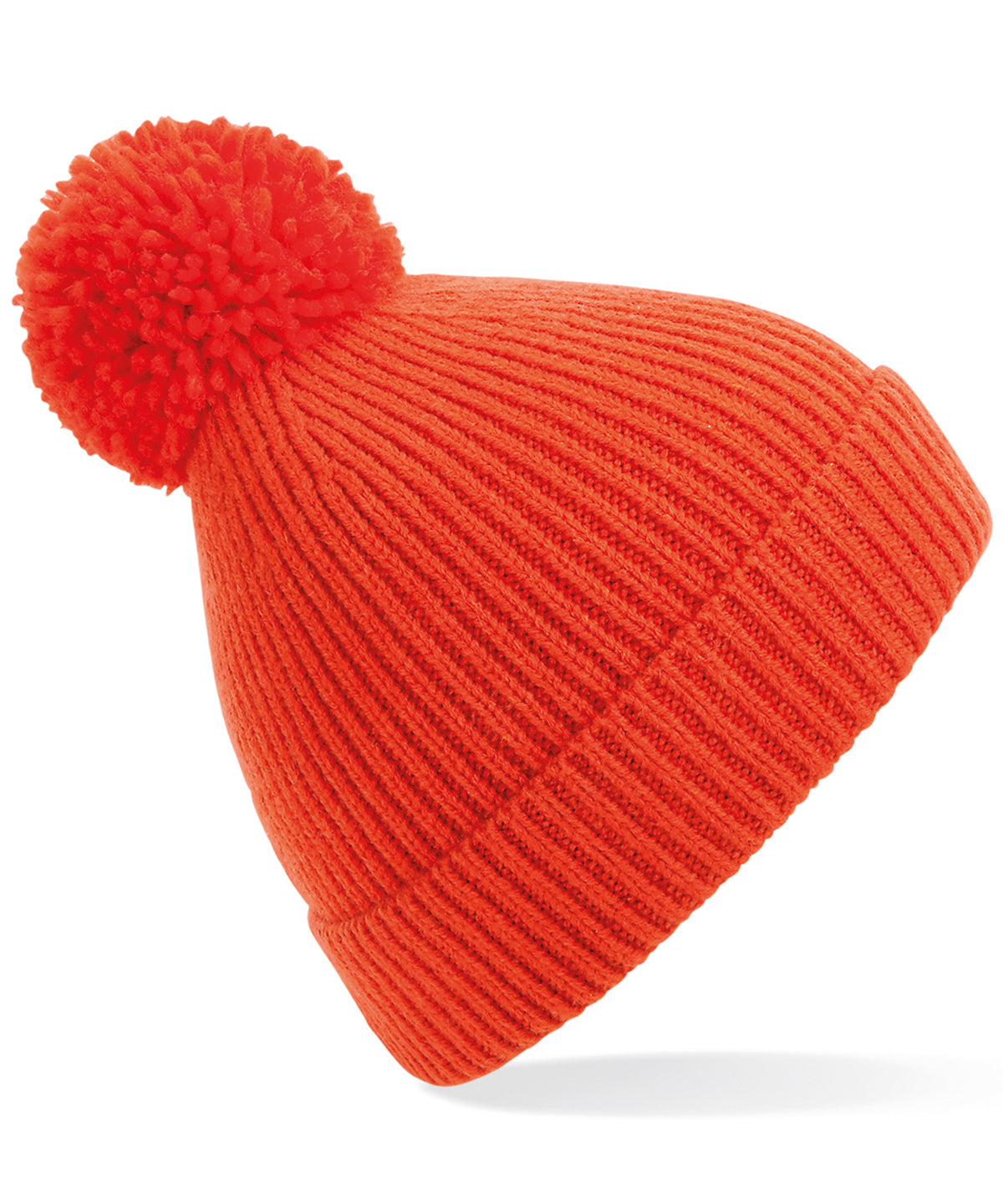 Engineered knit ribbed pom pom beanie